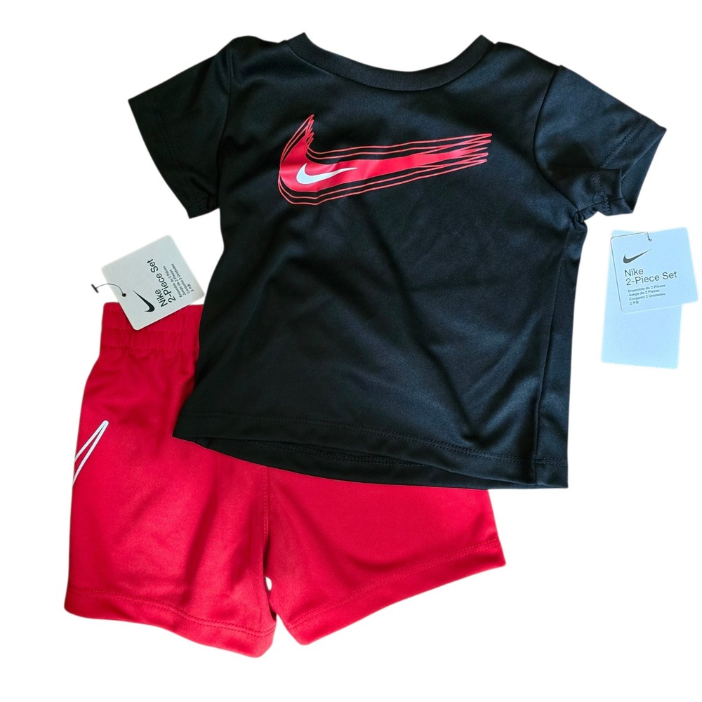 Nike Kids Dri-FIT 2-Piece Set Black Red Swoosh T-Shirt Shorts 12M NEW